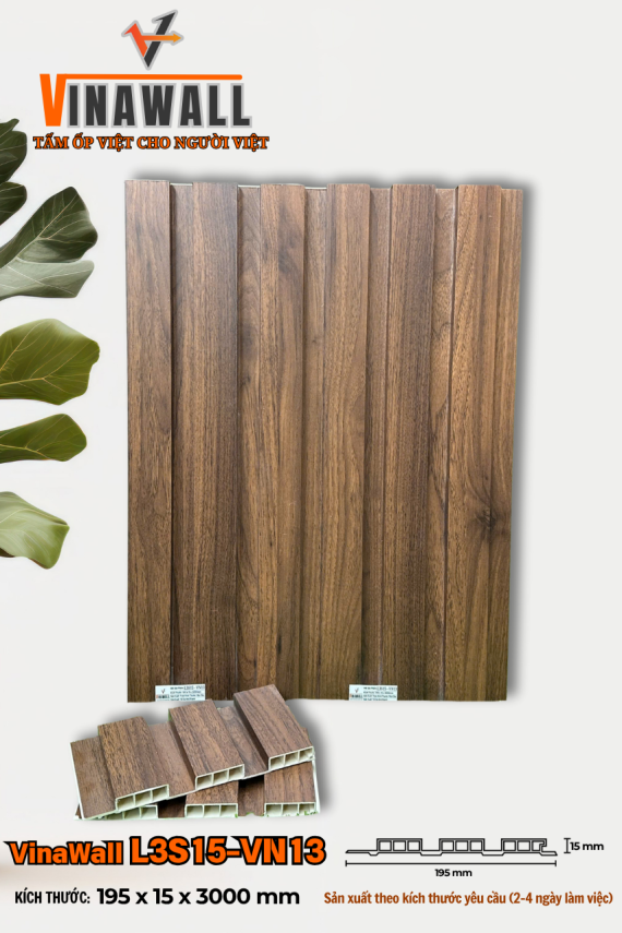 Lam 3 sóng ốp tường dày 1,5cm, dài 3m, rộng 19,5cm. Màu vân gỗ chiu liu. Hiệu Vinawall